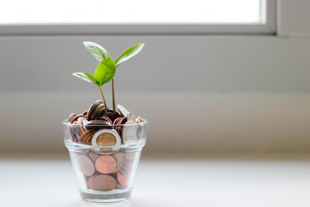 coins in a glass, plant