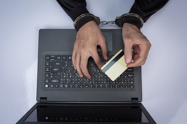 Hands in handcuffs and a credit card write something on a laptop