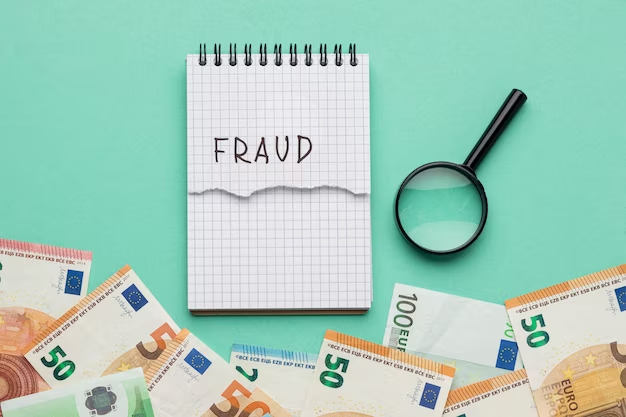 Fraud word written on notepad with banknotes