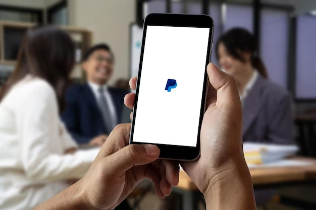 Hand holding phone with PayPal logo