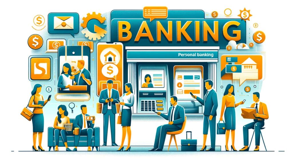 People using ATMs, a family discussing finances, and consultation with bank advisors
